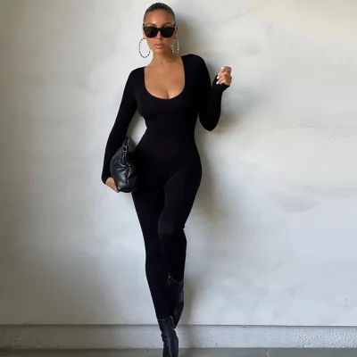 S-L Women Fashion Solid Color Long Sleeve Jumpsuits Slim Fit