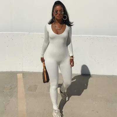 S-L Women Fashion Solid Color Long Sleeve Jumpsuits Slim Fit