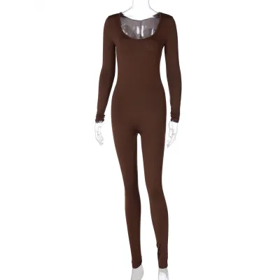 S-L Women Fashion Solid Color Long Sleeve Jumpsuits Slim Fit