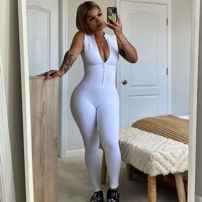 Women's Fashion Solid Color Zipper Sleeveless Jumpsuit Slim Fit S-L
