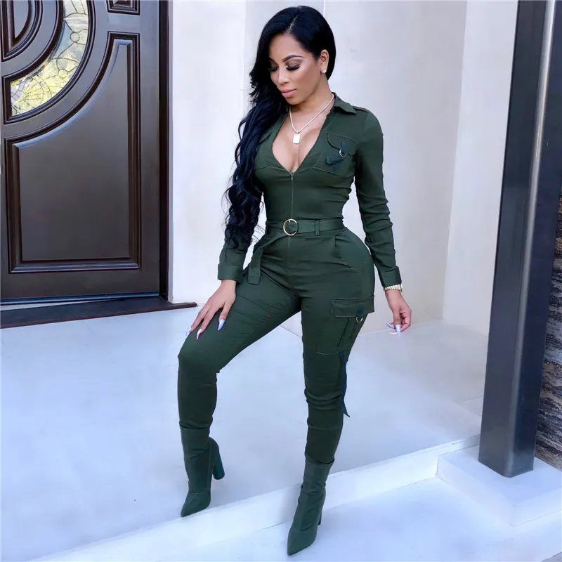 S-XXL Women Fashion Lapel Zipper Decorative Belt Jumpsuit