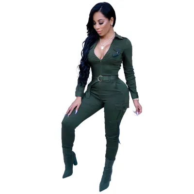 S-XXL Women Fashion Lapel Zipper Decorative Belt Jumpsuit