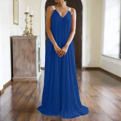 S-5XL Women Solid Color Sleeveless V-Neck Maxi Dress