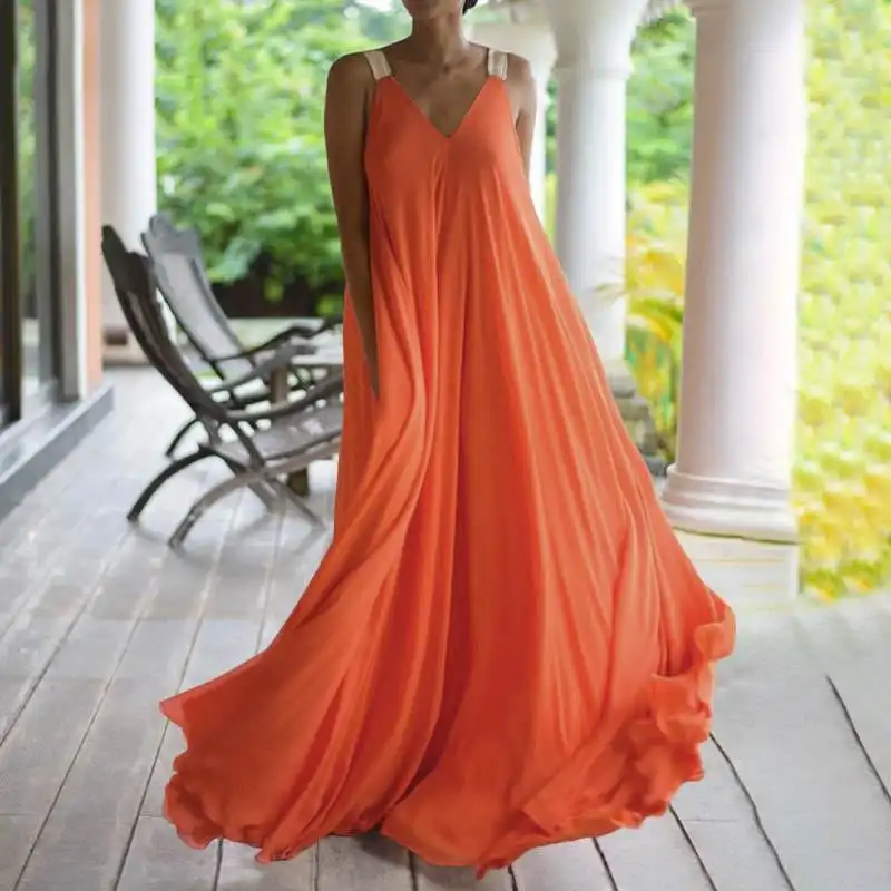 S-5XL Women Solid Color Sleeveless V-Neck Maxi Dress