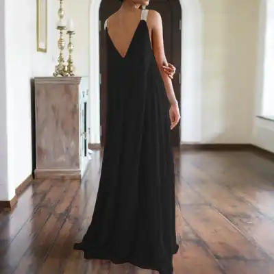 S-5XL Women Solid Color Sleeveless V-Neck Maxi Dress