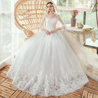 S-3XL Women Elegant Floor-length Dreamy Lace Long-sleeve Wedding Gown