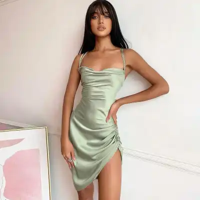 S-L Women Sexy Solid Color Strap Irregular Hem Backless Satin Dress