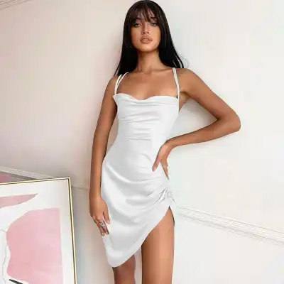 S-L Women Sexy Solid Color Strap Irregular Hem Backless Satin Dress