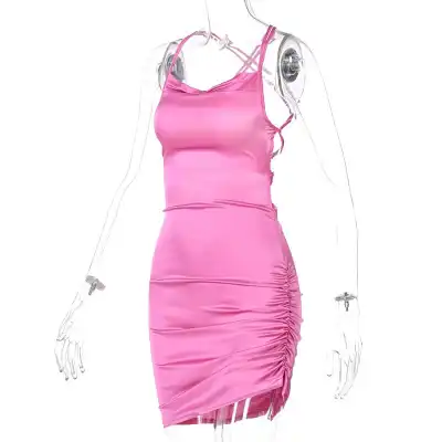 S-L Women Sexy Solid Color Strap Irregular Hem Backless Satin Dress