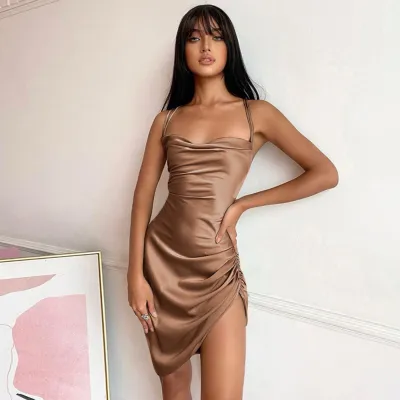 S-L Women Sexy Solid Color Strap Irregular Hem Backless Satin Dress