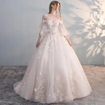 XS-3XL Women Elegant Off-shoulder Crochet Lace Wedding Party Gown