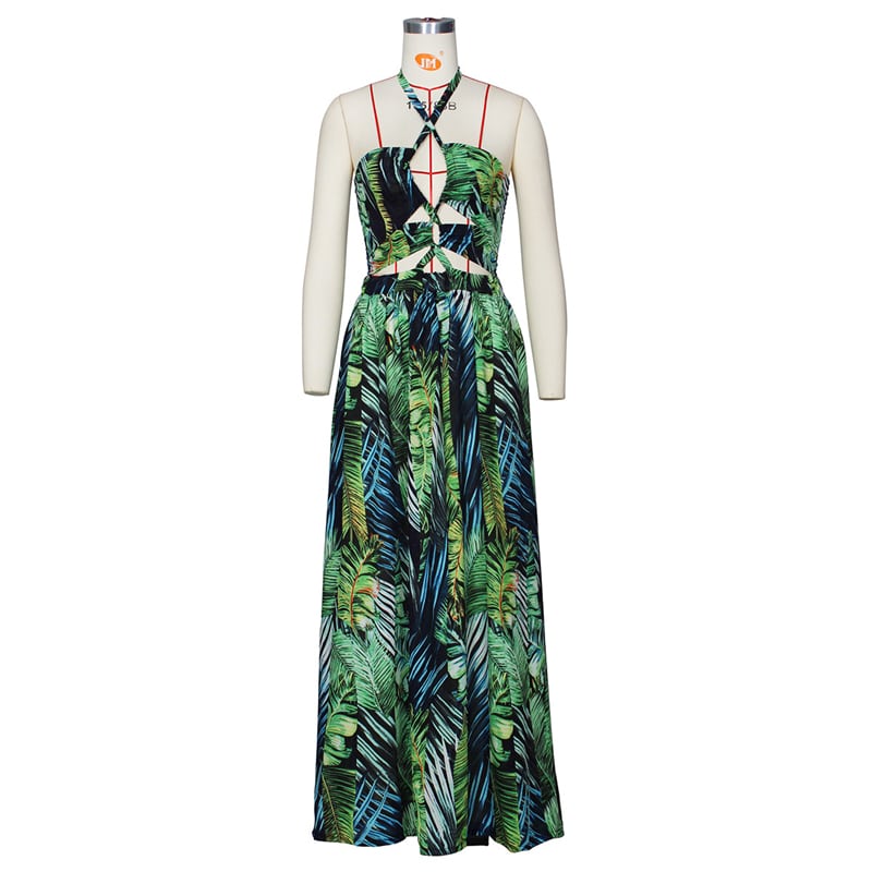 Wholesale S-XL Women Sexy Halter Neck Graphic Printing Maxi