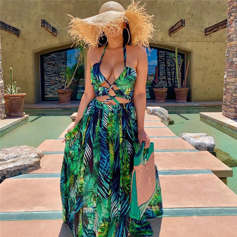 Wholesale S-XL Women Sexy Halter Neck Graphic Printing Maxi