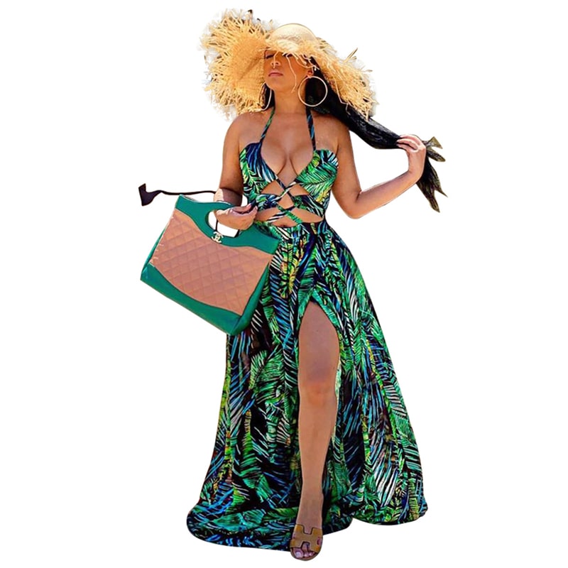 Wholesale S-XL Women Sexy Halter Neck Graphic Printing Maxi