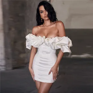 S-2XL Women Fashion Solid Color Off-the-shoulder Mini A-Line Dress with Defined Waist