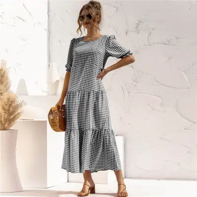 S-2XL Women Casual Puff Sleeve Plaid Maxi Dress
