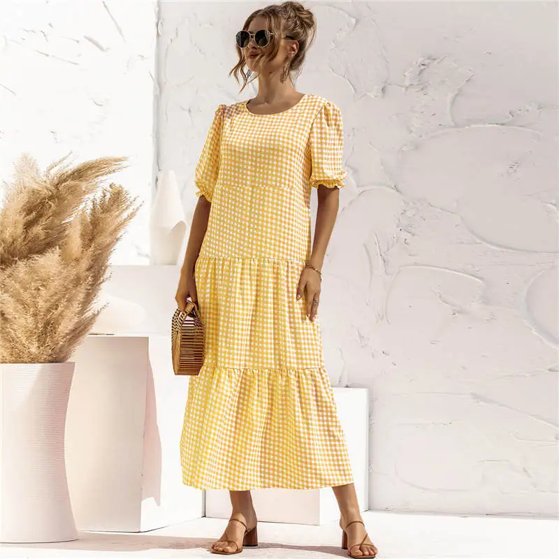 S-2XL Women Casual Puff Sleeve Plaid Maxi Dress