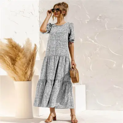 S-2XL Women Casual Puff Sleeve Plaid Maxi Dress