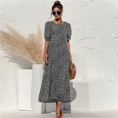 S-2XL Women Casual Puff Sleeve Plaid Maxi Dress