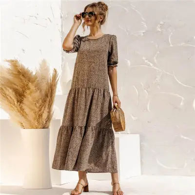 S-2XL Women Casual Puff Sleeve Plaid Maxi Dress