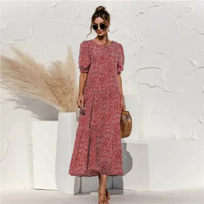 S-2XL Women Casual Puff Sleeve Plaid Maxi Dress