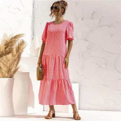 S-2XL Women Casual Puff Sleeve Plaid Maxi Dress