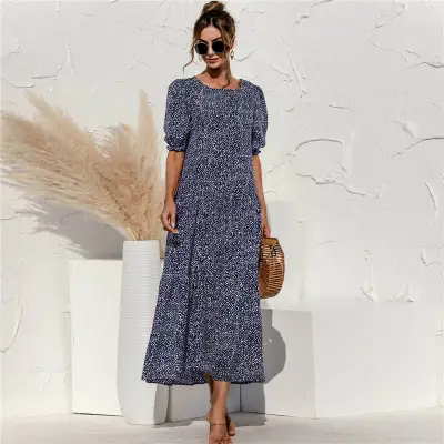 S-2XL Women Casual Puff Sleeve Plaid Maxi Dress