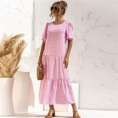 S-2XL Women Casual Puff Sleeve Plaid Maxi Dress