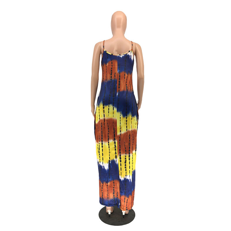 Wholesale S-3XL Women Casual Tie-dye Printing Strap Maxi Dress