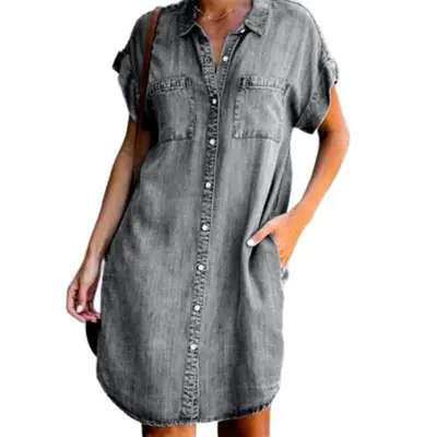 S-5XL Women Lapel Single-breasted Short Sleeve Denim Square Collar Dress