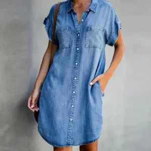 S-5XL Women Lapel Single-breasted Short Sleeve Denim Square Collar Dress