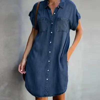 S-5XL Women Lapel Single-breasted Short Sleeve Denim Square Collar Dress