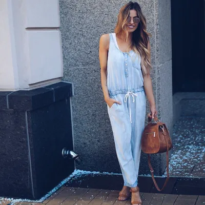 S-XL Women Casual Street Style Drawstring Sleeveless Denim Jumpsuits
