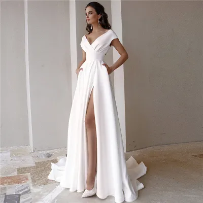 S-XL Women Elegant Solid Color V Neck Evening Dress