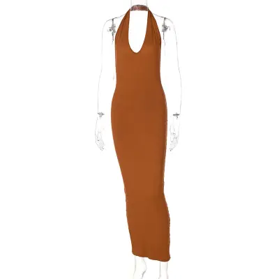 S-L Women Sexy Solid Color Halter Neck Backless Maxi Dress