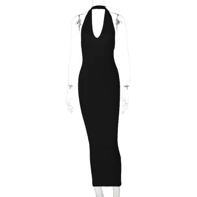 S-L Women Sexy Solid Color Halter Neck Backless Maxi Dress