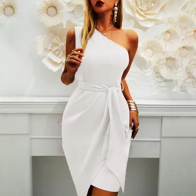 S-2XL Women Solid Color Oblique Shoulder Irregular Hem Mini Dress