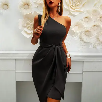 S-2XL Women Solid Color Oblique Shoulder Irregular Hem Mini Dress