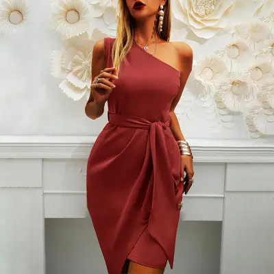 S-2XL Women Solid Color Oblique Shoulder Irregular Hem Mini Dress
