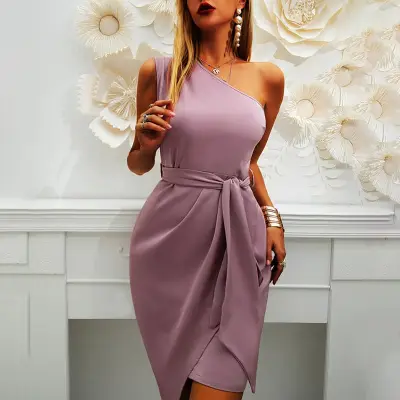 S-2XL Women Solid Color Oblique Shoulder Irregular Hem Mini Dress
