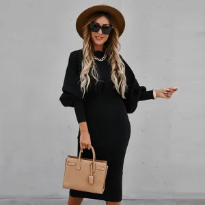 S-3XL Women Temperament Solid Color Lantern Sleeve Midi Dress