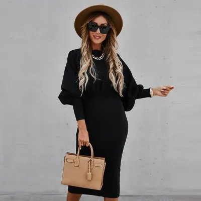 S-3XL Women Temperament Solid Color Lantern Sleeve Midi Dress