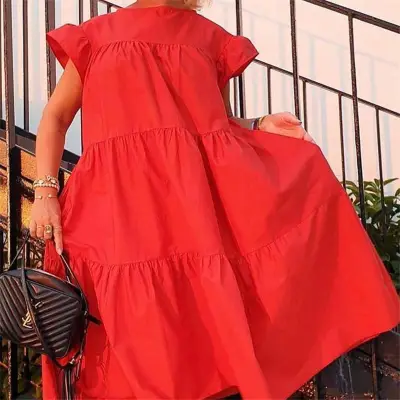 Women Loose Solid Color Ruffled Swing Dress