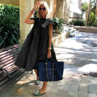 Women Loose Solid Color Ruffled Swing Dress