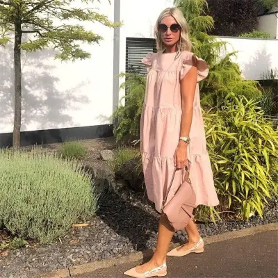 Women Loose Solid Color Ruffled Swing Dress