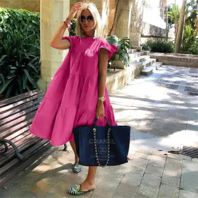 Women Loose Solid Color Ruffled Swing Dress