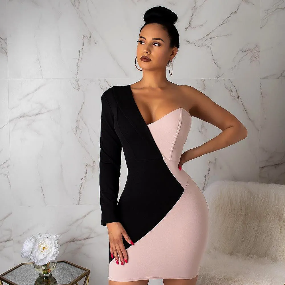 S-XL Women Asymmetric Color Blocking Long Sleeve Mini Dress