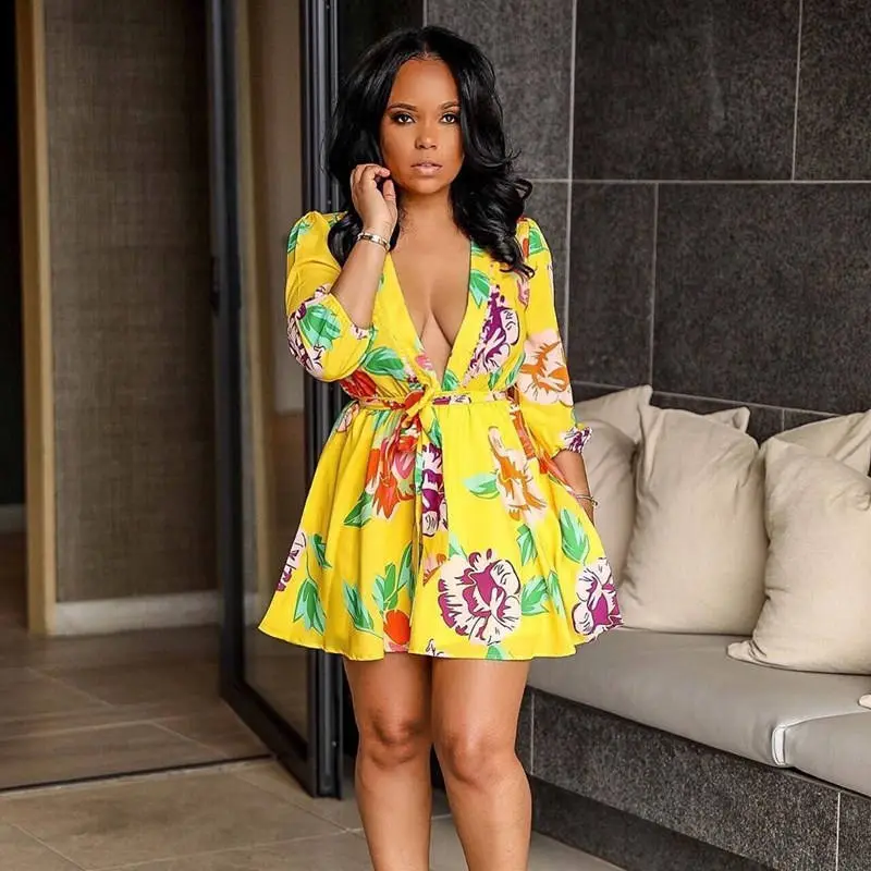 S-XXL Women Flower Printing V-neck Three-quarter Sleeve Sash Swing Dress