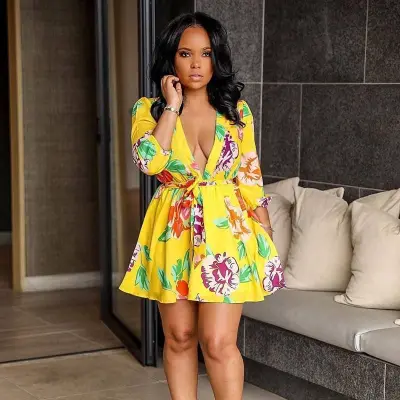S-XXL Women Flower Printing V-neck Three-quarter Sleeve Sash Swing Dress