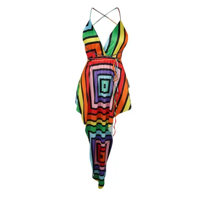 S-XXL Women Sexy Colorful Stripe Halter Neck Irregular Hem Dress